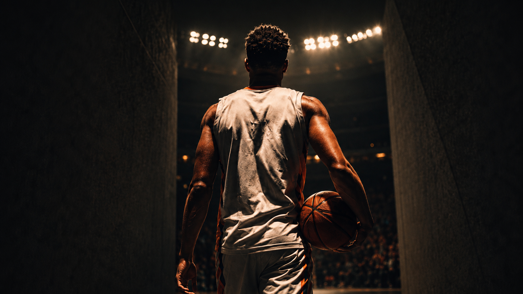 Basketball player walking through an arena tunnel toward the court